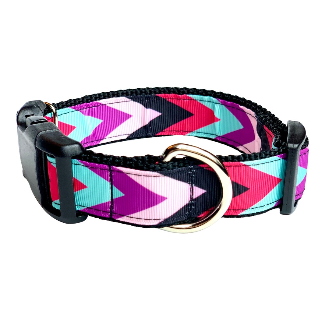 Pink Chevron Dog Collar With Tag Holder Dog Collar and Leash Etsy UK