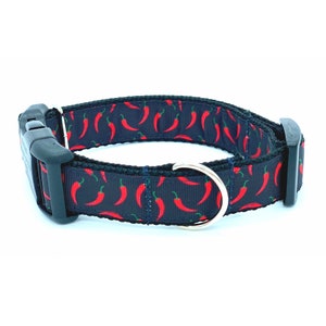 Red Hot Chili Pepper Black Red Green Dog Collar with tag holder, Dog Collar and Leash available as a set, free shipping on all orders