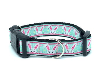 May include: A turquoise and pink dog collar with a repeating pattern of bunny faces. The collar has a black buckle and a silver D-ring.