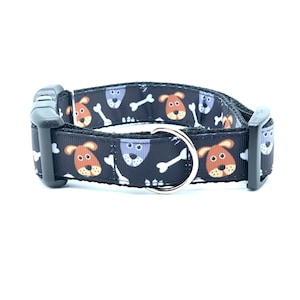 Cute Cartoon Dogs Black Dog Collar with tag holder, Dog Collar and Leash available as a set, free shipping on all orders