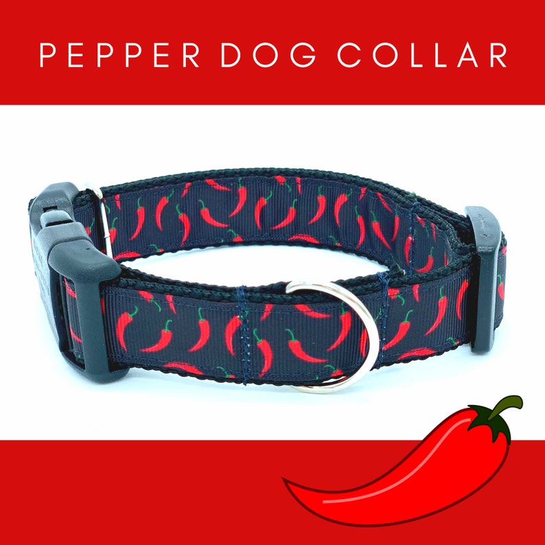 May include: A black dog collar with a red chili pepper pattern. The collar has a black buckle and a silver D-ring. The text "PEPPER DOG COLLAR" is displayed above the collar.