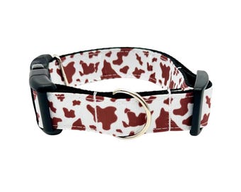Brown Cow Print Brown and White Classic Cowhide Dog Collar, Optional Leash