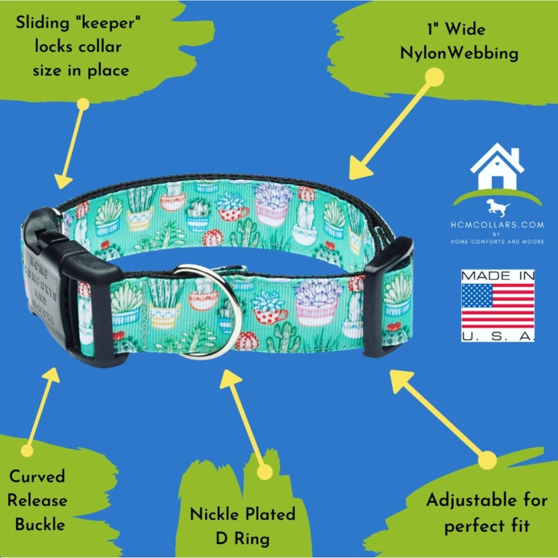 May include: A green and white dog collar with a cactus print. The collar is 1 inch wide and made of nylon webbing. It has a curved release buckle and a nickel-plated D-ring. The collar is adjustable for a perfect fit. The collar is made in the USA.