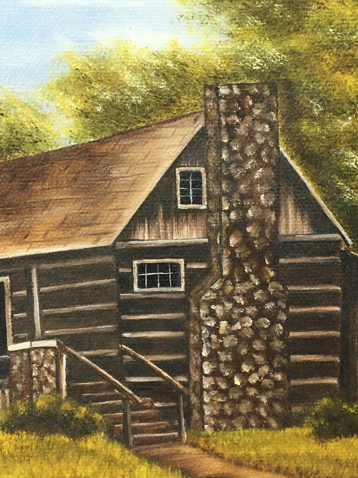 Original Log Cabin Painting by artist Jan Hawley. Old Etsy