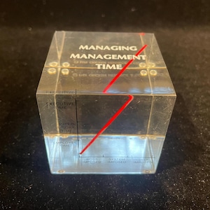 May include: A clear acrylic cube with the words "MANAGING MANAGEMENT TIME" printed on top. A red line bisects the cube diagonally. The sides feature a graph with labels like "EXECUTIVE TIME" and "EMPLOYEE TIME".