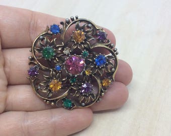 Brooch Coro Vintage Coro Flower brooch  Rhinestone brooch  Multi color brooch  Coro jewelry  Coro brooch  Gift brooch for mom  Signed brooch