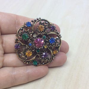 Vintage Coro Flower Brooch: Gold Tone Multi-Color Rhinestone Signed Pin