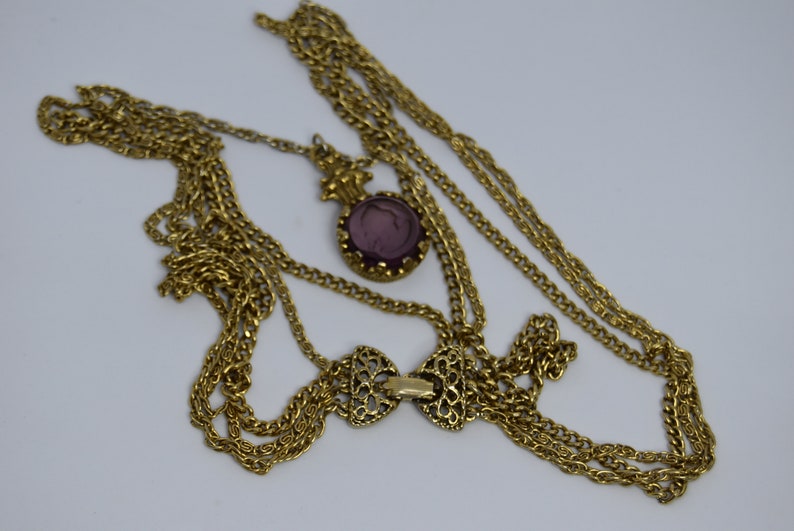 Goldette Necklace Multi Three Strand Gold Tone Amethyst Cameo - Etsy