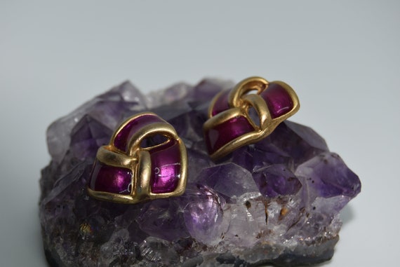 Vintage earrings Purple enamel color Antique meta… - image 5