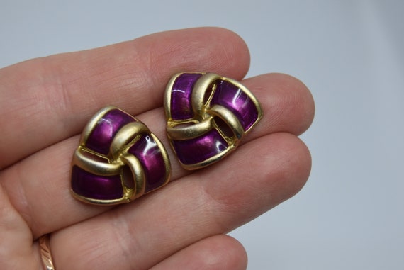 Vintage earrings Purple enamel color Antique meta… - image 3