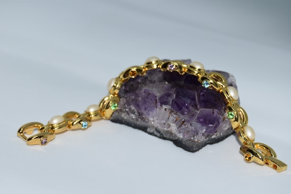 Gold tone Link bracelet Joan Rivers Faux pearl Mu… - image 5