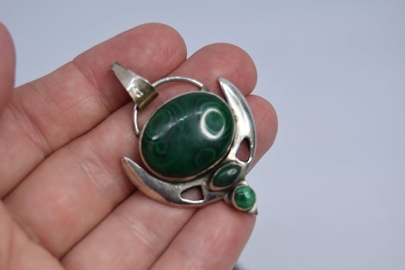 Vintage jewelry 925 silver Pendant malachite Russ… - image 1