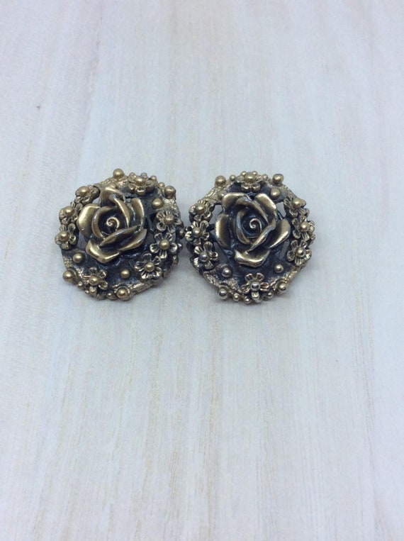 Vintage Tortolani Flower rose earrings Antique gol