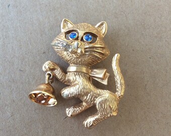 Vintage Avon Cat Brooch: Gold Tone Bell, Blue Rhinestone Eyes