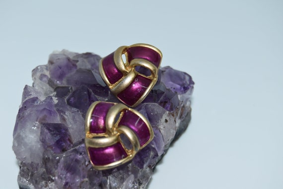 Vintage earrings Purple enamel color Antique meta… - image 1