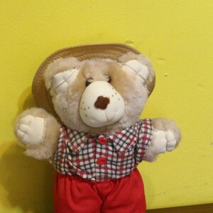 May include: A plush teddy bear wearing a straw hat, a red and black plaid shirt, and red pants. The bear has a white snout with a brown nose and is set against a yellow background.