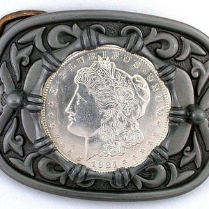 Pewter Silver Southwest Western 1921 Morgan Silver Dollar Belt Buckle EPBB210