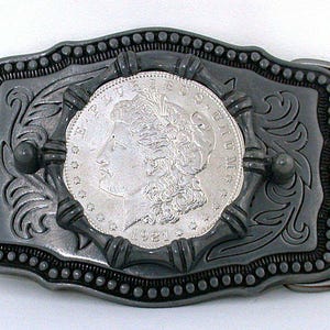 Pewter Silver Color Southwest Western REAL 1921 Morgan Silver Dollar Belt Buckle