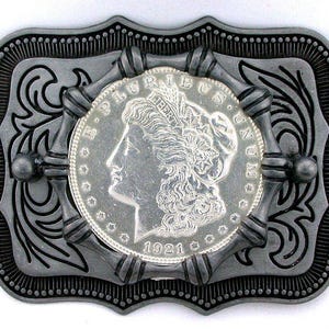 Pewter Silver Southwest Western 1921 Morgan Silver Dollar Belt Buckle EPBB104