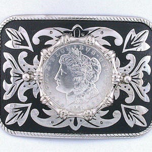 Silver Color Rectangle Western REAL 1921 Morgan Silver Dollar Belt Buckle EPBB94