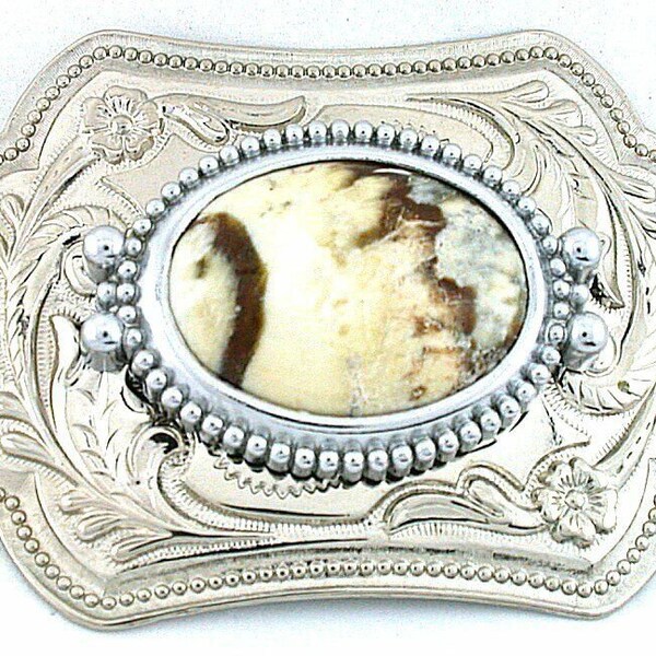 Vintage Silver Color Western RARE Oregon Opalized Jasper Cab Belt Buckle PBB25