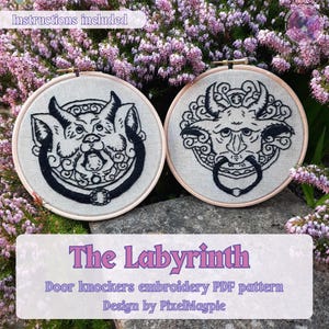 May include: Two black and white embroidered door knocker designs on hoop frames. The designs are of a gargoyle and a creature with a dog-like face. The text "The Labyrinth Door knockers embroidery PDF pattern Design by PixelMagpie" is at the bottom of the image.