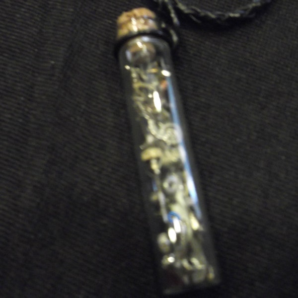 Steampunk style corked vial pendants on black braided cords