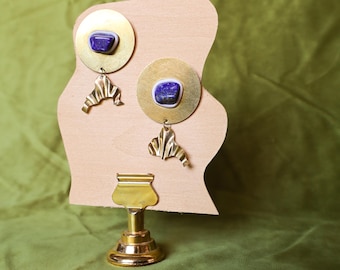Circular Brass Post Earrings with Lapis Lazuli