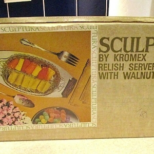 1970s KROMEX Sculptura RELISH TRAY New in the Original Box Walnut Trim Chrome Brady Bunch