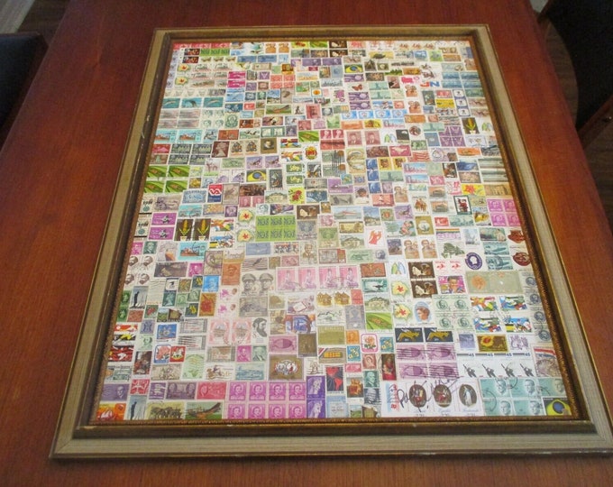 Unique World POSTAGE STAMP ART Display Folk Art Signed Philatelic ...