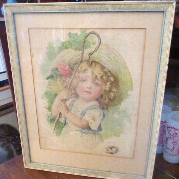 122 Year Old "LITTLE BO PEEP" Framed Litho Signed by Maud Humphrey Framed Glass Lithograph Nursery Rhyme
