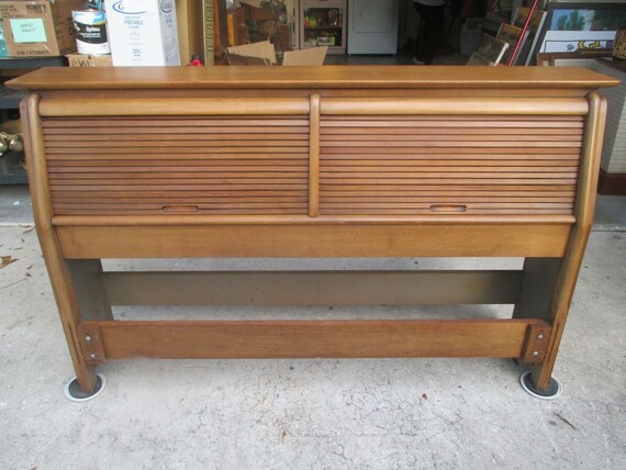 1960 Drexel Projection Headboard Tambour Doors Bed Mid Century Modern By John Van Koert