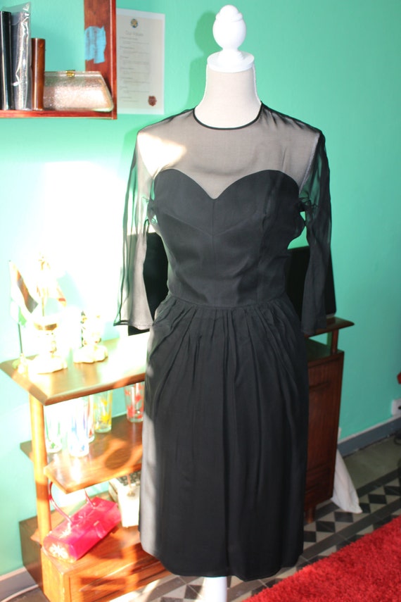 50s black chiffon dress nude illusion - image 4