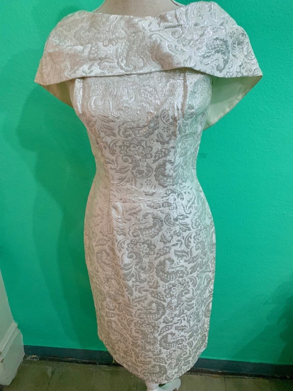 vtg 50s silver embroided lurex lame dress