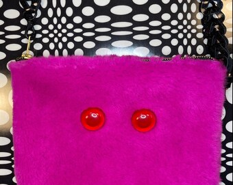 Fuzzy Monster Hand sewn shearling leather wristlet/shoulder bag! Fun retro  interlocking shimmer strap!