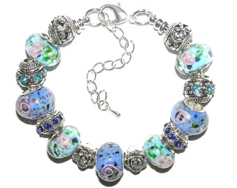Beautiful Blue European Charm Bracelet With Murano Glass Beads & Rhinestone Crystals , Lake And Sapphire Blues
