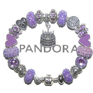 AUTHENTIC Pandora Bracelet, Sterling Silver With Happy Birthday, February Birthstone, Simulated Amethyst, Purple European Charms And Beads