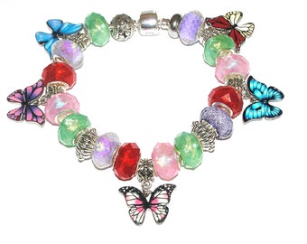Spring Butterflies European Charm Bracelet With 23 Colorful Beads And Charms