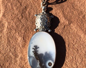 DENDRITIC AGATE & TURTLE Pendant on 24 inch Sterling Chain*2 1/3 inch x 3/4 x 1/8*9.6 grams .3 oz Shajar or Shazar Stone*Banda, India