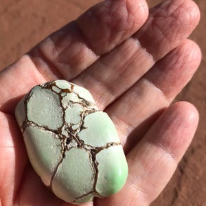 May include: A light green, oblong stone with brown veining. The stone has a smooth, polished surface on one end and a rough, textured surface on the other. The stone is held in a hand.