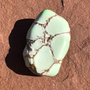 May include: A polished, light green stone with brown veining. The stone has a smooth, rounded shape and is set against a reddish-brown background. The stone's surface reflects light, highlighting its color and texture.