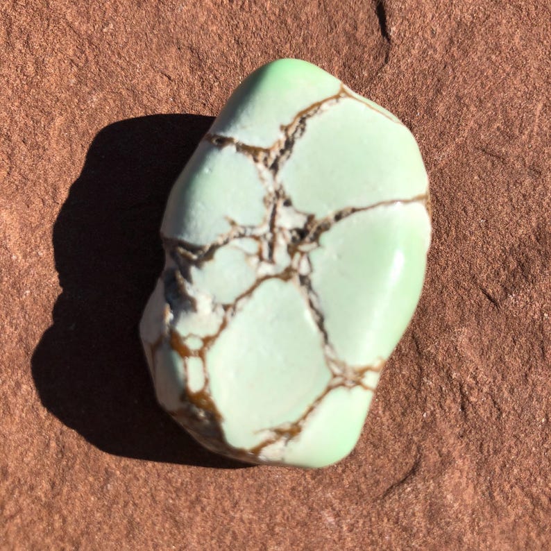 May include: A polished, light green stone with brown veining. The stone has a smooth, rounded shape and is set against a reddish-brown background. The stone's surface reflects light, highlighting its color and texture.