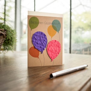 Geburtstagskarte Herzlichen Glückwunsch Grußkarte mit Saatpapier-Ballons zum Einpflanzen Enthält 10 verschiedene Wildblumensamen Bild 1