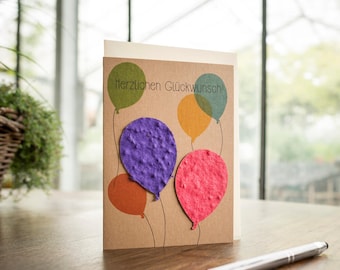 Birthday Card "Happy Birthday" | Greeting card with plantable seed paper balloons | Contains 10 different wildflower seeds