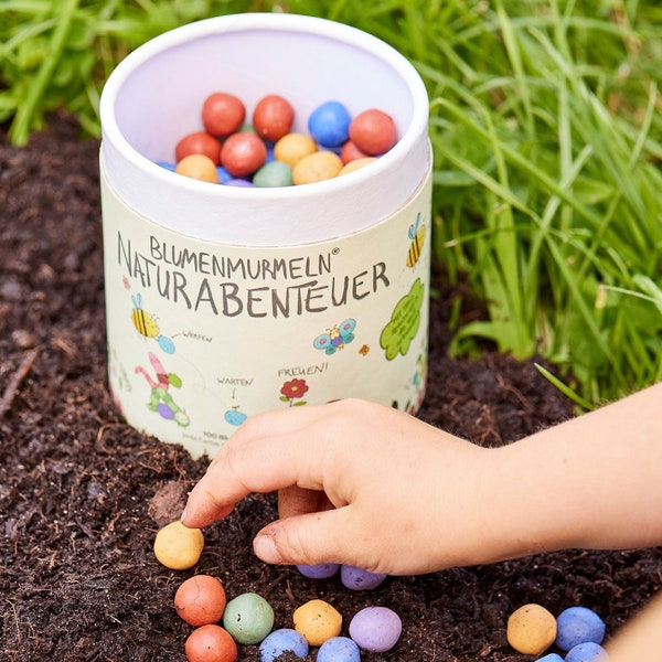 100 bunte Blumenmurmeln "Mein Naturabenteuer" | handgerollte, farbenfrohe Samenbomben | Perfekt zum Kindergeburtstag | Geschenk für Kinder