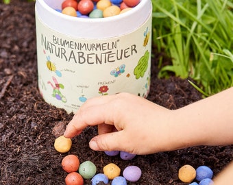 100 bunte Blumenmurmeln "Mein Naturabenteuer" | handgerollte, farbenfrohe Samenbomben | Perfekt zum Kindergeburtstag | Geschenk für Kinder