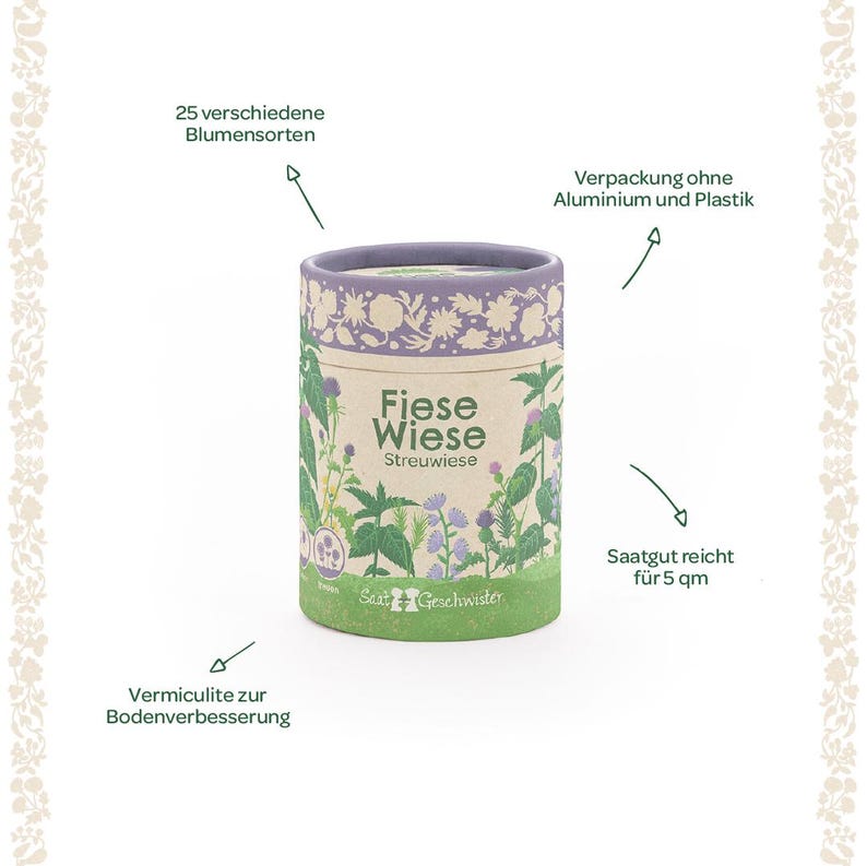 Puede incluir: Un paquete de semillas cil&iacute;ndrico con el texto "Fiese Wiese Streuwiese" en verde y blanco. El paquete est&aacute; decorado con ilustraciones florales y el texto "25 verschiedene Blumensorten". El paquete est&aacute; dise&ntilde;ado para 5 metros cuadrados.