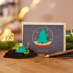 Nachhaltige Weihnachtskarte zum Einpflanzen mit Schneekugel-Motiv | Grußkarte Weihnachten mit Saatgut | Weihnachtsgrußkarte zum Verschenken