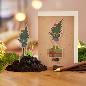 Nachhaltige Weihnachtskarte zum Einpflanzen mit Wichtel-Motiv | Grußkarte Weihnachten mit Saatgut | Weihnachtsgrußkarte zum Verschenken