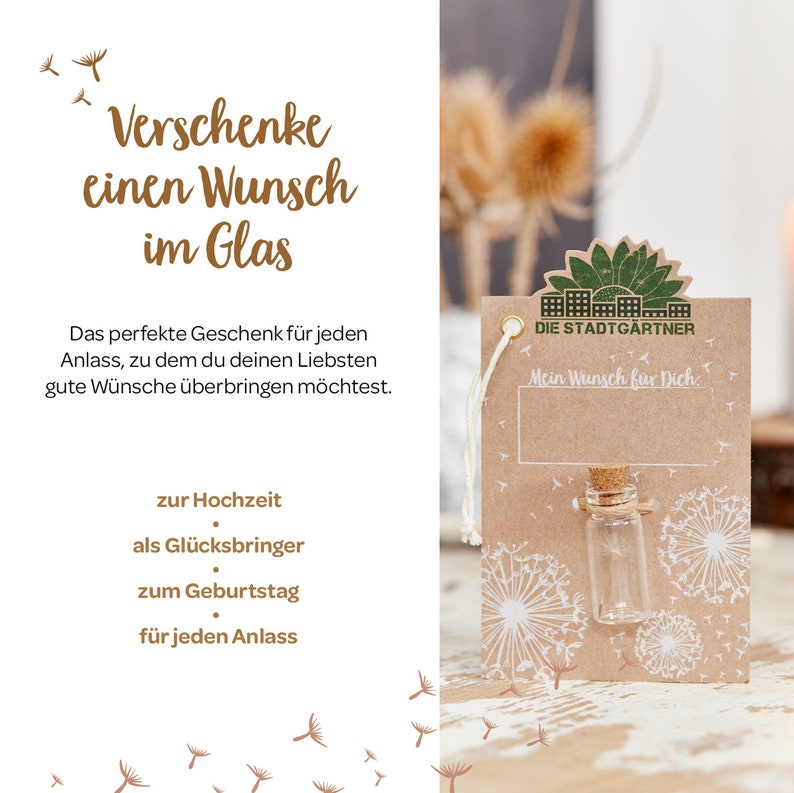 Kleiner Wunscherfüller I Echtes Pusteblumen-Schirmchen im Glas Geschenk zu Geburtstag, Hochzeit, Muttertag und andere Anlässe image 4